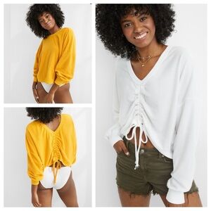 AERIE WHITE TOWEL TERRY CINCH SWEATSHIRT (Yellow is not for sale)